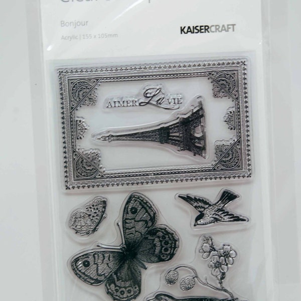 KaiserCraft Bonjour Collection Clear Stamps -- Acrylic -- Eiffel Tower Birds Butterfly Frame Aimer La Vie
