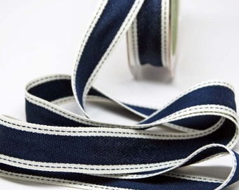 Solid Color Band Ribbon with Stitched Edge -- 1 inch -- Navy Cream -- 2 yards