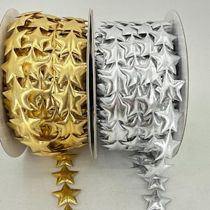 Utklippt banderollband -- Satinpuffig stjärna -- 1,25 cm -- Guld Silver -- 1 yard
