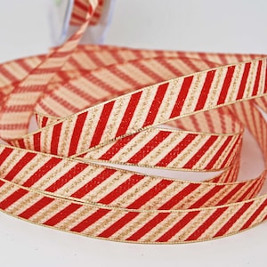 Candy Cane Ribbon 5/8 inch Metallic Edge -- Gold Red Cream