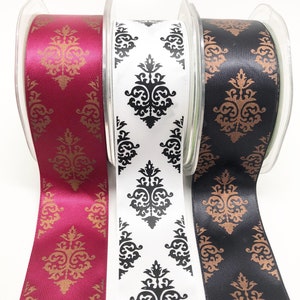 Ruban de satin imprimé Damask -- 2 yards - 1 1/2 pouce -- Blanc Bourgogne Noir