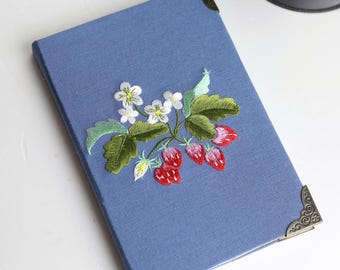 Strawberry Embroidered Linen Journal: Floral Handmade Notebook, Gift For Her