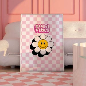 Good vibes 70s groovy poster retro wall art print trendy unique apartment decor, dopamine decor living room postes funky home decor, poster