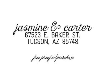 Custom Return Address Stamp with the couple's first name in script font. Self-inking or mounted with a handle return address stamp. (20413)