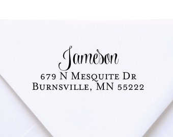 Personalized Custom Return Address Stamp featuring the couple's last name. Self-inking or mounted with a handle. 2 1/2 x 1