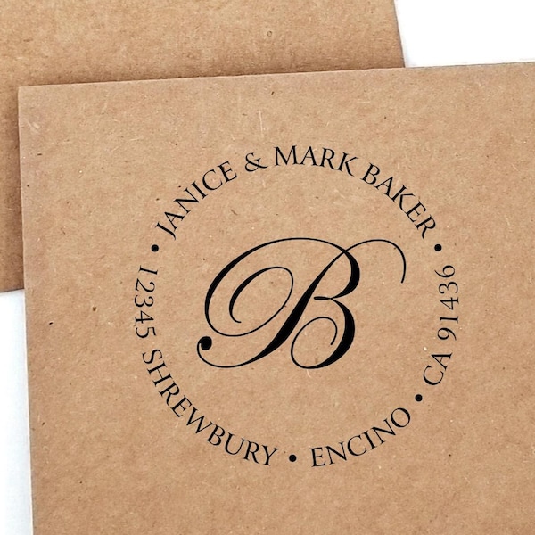 Round Address Stamp Monogram: Custom Self-Inking or Wood Handle