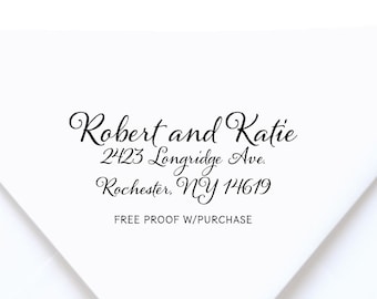 Personalized Couple's Custom Return Address Stamp featuring a Calligraphy font with Wooden Handle (20342) 2 1/2 x 1