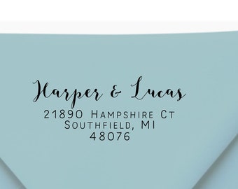 Custom Address Stamp 4 lines with first names in a pretty calligraphy script.  Wood Handle or Self inking.  Perfect wedding address stamp.