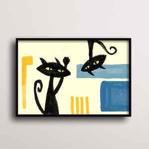 Contemporary art black cat illustration, abstract pet painting, minimalist feline wall decor