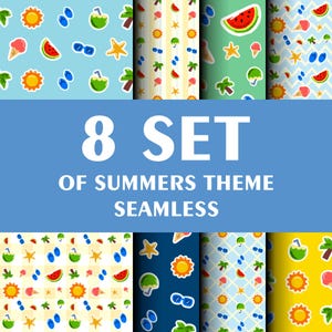 Bearbeitbares handgezeichnetes Sommer-nahtloses Muster SVG-Vektorgrafik-Paket - 8 Vintage-Wiederholungs-Digitalpapiere für den kommerziellen Gebrauch