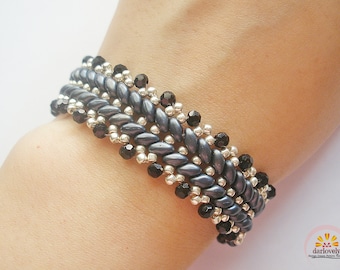 Patrón de cuentas para hacer tú mismo - Elegante pulsera Superduo negra con diseño de escalera (BB186) - Joyería con cuentas, tutorial en PDF para tejer cuentas fácilmente, SuperDuo, descargable