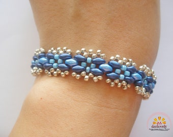 Bead Bracelet Pattern - Blue Cross Bead SuperDuo Bracelet (BB196) - Beadwork Jewelry Making, Beadweaving PDF Tutorial, Easy DIY Instruction