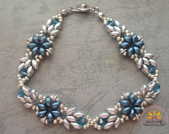 Beading Jewelry Tutorial - Blue ES-O Flower Bracelet (BB220) - Beadwork Jewelry, Beadweaving Pattern, SuperDuo, Downloadable, PDF Pattern