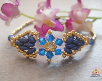 Golden SuperDuo Blue Flower Bracelet (BB187) - Beading Tutorial, Beading Pattern, Beaded Bracelet Instruction, PDF, Downloadable, beadwork