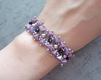 DIY Beaded PDF Pattern - Wiggly Black Purple Kheop Bracelet (BB342) - Beading Jewelry Tutorial, Beadwork Tutorial, Beadweaving Pattern