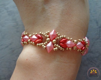 Bead SuperDuo Pattern - Rosy Flower Bracelet (BB300) - DIY Beaded Tutorial, Beadweaving Pattern, Beadwork,  Handmade Jewelry (PDF Tutorial)