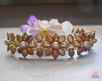 Beaded SuperDuo Pattern - Lovely Golden Daisy Bracelet (BB228) - Easy DIY Beaded Tutorial, Beadweaving Pattern, Beadwork, Pearl, Gekko bead