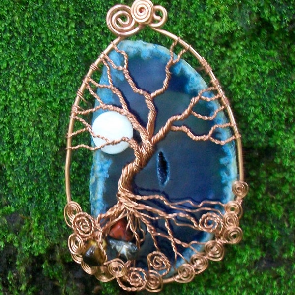 One of a Kind Blue Druzy Agate Slice Tree of Life Pendant...Large