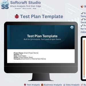 Może przedstawiać: Monitor komputera i tablet wyświetlające "Test Plan Template" z logo Softcraft Studio. Szablon jest przeznaczony dla analityków QA i zespołów Agile, z listą zawartych funkcji.