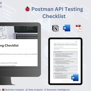 May include: A digital graphic promoting the "Postman API Testing Checklist" by Softcraft Studio. The image features a computer monitor and a tablet displaying the checklist, along with icons for Notion, Word, and PDF formats. The checklist is designed for analysts, testers, and QA professionals.