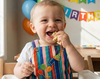 Personalised First Birthday Dungarees – Cake Smash Outfit, Embroidered Name Striped Romper