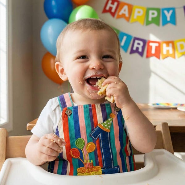 Peto personalizado para el primer cumpleaños: conjunto para la sesión de fotos con pastel, mono a rayas con nombre bordado.