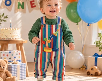 Personalised First Birthday Dungarees – Cake Smash Outfit, Embroidered Name Striped Romper