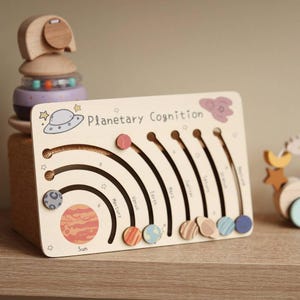 May include: A wooden toy depicting the solar system with planets in different colors and textures. The toy is labeled "Planetary Cognition" and includes the names of each planet.