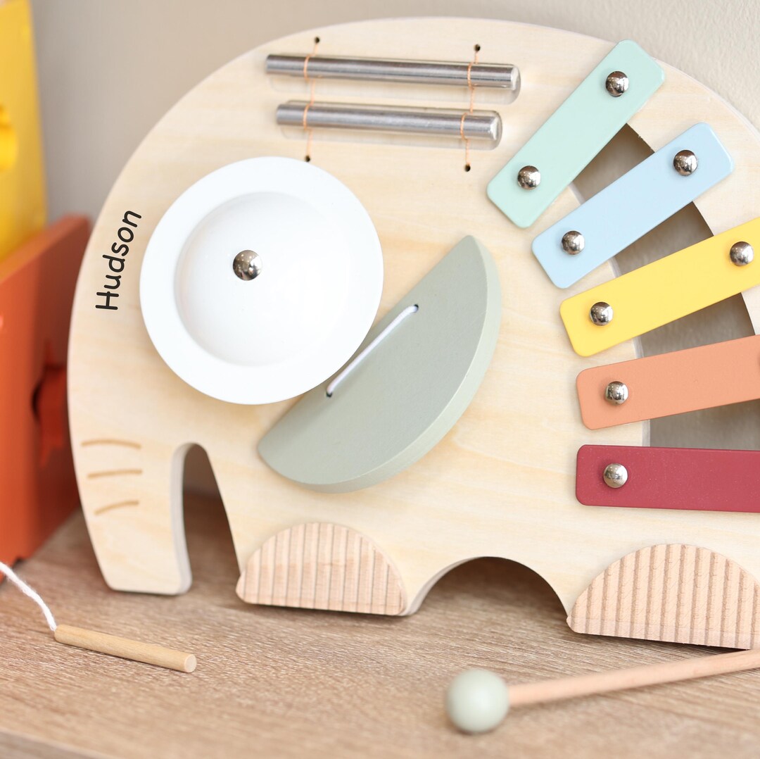 Personalised Wooden Musical Elephant Toy - 5-in-1 Montessori Instrument ...