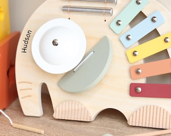 Personalised Wooden Musical Elephant Toy - 5-in-1 Montessori Instrument