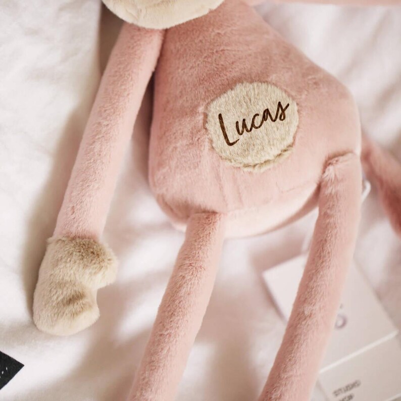 Close-up of a pastel pink monkey soft toy with beige details, personalised with the name ‘Lucas’ printed in a script font on its tummy. The cuddly plush lies on a soft white surface.