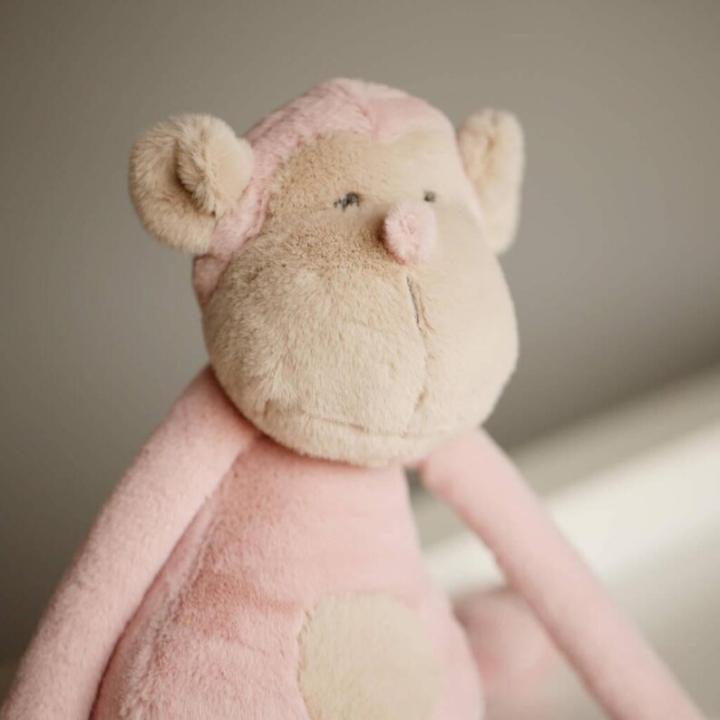 May include: A pink and beige plush monkey toy with a long tail and large, floppy ears. The monkey has a stitched-on nose and eyes.