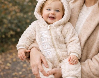 Personalised Baby Bear Pramsuit - Cosy Winter Fleece Jumpsuit, New Baby Gift