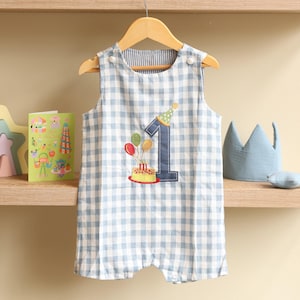 Personalised Baby Boy First Birthday Romper - Yellow or Blue Gingham 1st Birthday Outfit - Cake Smash Suit - Custom Name Embroidery -