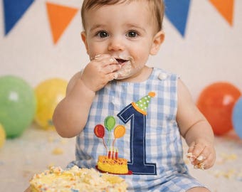 Personalised 1st Birthday Gingham Romper - Cake Smash Outfit, Embroidered Name