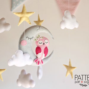 Owl Moon Baby Mobile Pattern, Felt Pattern, Owl Mobile, DIY Mobile Felt Sewing Pattern Moon Nursery Mobile Felt Mobile Cricut Sewing Pattern