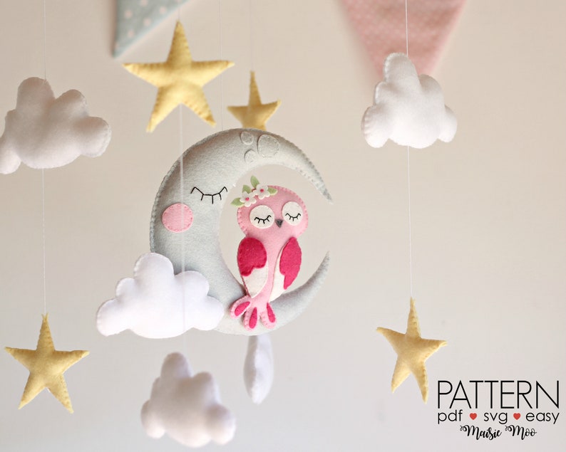 Owl Moon Baby Mobile Pattern, Felt Pattern, Owl Mobile, DIY Mobile Felt Sewing Pattern Moon Nursery Mobile Felt Mobile Cricut Sewing Pattern