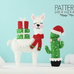 May include: A white felt llama with a red scarf and a green and red gift box on its back. A green felt cactus wearing a red Santa hat stands next to the llama. The text "PATTERN pdf ♥ svg ♥ easy" and "Masie Moo" is in the top right corner of the image.