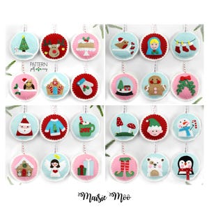 Peut inclure: Un ensemble de 24 décorations de Noël en feutre avec différents motifs, notamment le Père Noël, un bonhomme de neige, un bonhomme en pain d'épices, un sapin de Noël et un renne. Les décorations sont toutes rondes et ont une bordure blanche. Le texte "PATTERN pdf easy" est visible sur l'image.