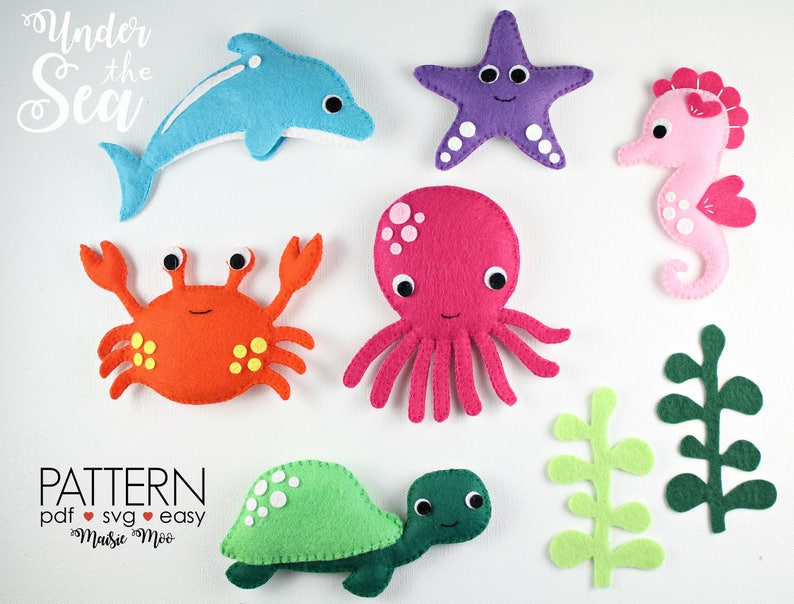 Felt Pattern Under The Sea Creatures Baby Mobile Pattern Ocean Nursery Mobile Ocean Animal Ornaments Dolphin Octopus Seahorse Turtle SVG