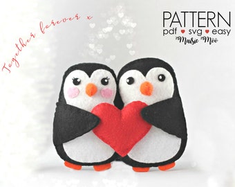 May include: Two felt penguin plushies, black and white with orange beaks and feet, holding a red heart. The text "Together forever x" is in red script. The text "PATTERN" is above "PDF, SVG, EASY" and the name "Maisie Moo".