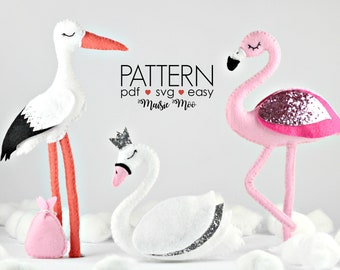 Felt Birds Pattern | Bird Ornaments Pattern | Felt Pattern | Flamingo Pattern | Swan Pattern | Stork Pattern Cricut SVG