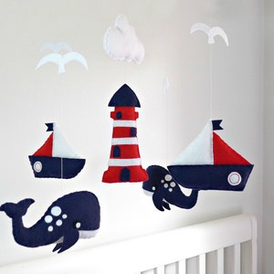 Nautical Nursery Mobile, Nautical Mobile, Baby Mobile Pattern, Whale Mobile, Sailboat Mobile, Lighthouse Pattern Red White Blue Nursery SVG