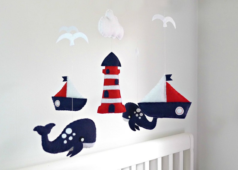 Nautical Nursery Mobile, Nautical Mobile, Baby Mobile Pattern, Whale Mobile, Sailboat Mobile, Lighthouse Pattern Red White Blue Nursery SVG