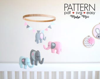Elephant Nursery Mobile Pattern DIY Felt Baby Mobile Pattern SVG Felt Elephant Sewing Pattern Elephant Baby Shower Elephant Crib Mobile
