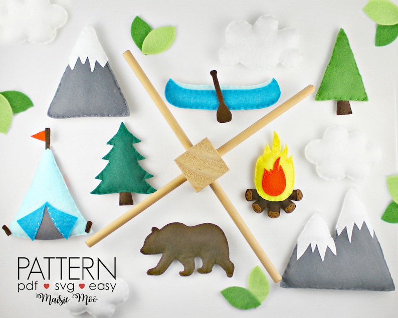 Baby Mobile Pattern | Camping Baby Mobile | Woodland Mobile | Mountain Mobile | Forest Mobile |Canoe | Campfire | Grizzly Bear Cricut SVG