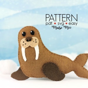 May include: A handmade felt walrus toy in shades of brown, with large white tusks and black eyes. The text "PATTERN pdf svg easy Maisie Moo" is displayed in black. The walrus is lying down on a white surface with a blue background.