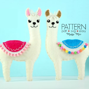 May include: Two white felt llama toys with colorful pom-poms on their backs. The llama on the left has a pink saddle and the llama on the right has a blue saddle. The text "PATTERN pdf ♥ svg ♥ easy Maisie Moo" is in the upper right corner of the image.