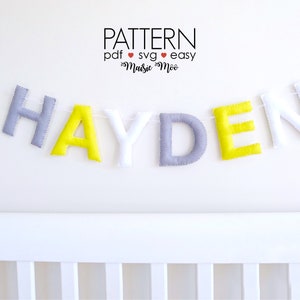 Nombre de fieltro Patrón de costura de guirnalda, Adorno de letras SVG Patrón de alfabeto PDF Patrón de costura de fieltro Nombre Banner DIY Letra personalizada abc