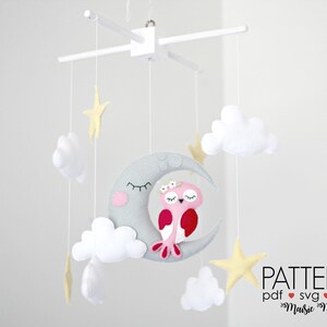 Owl Moon Baby Mobile Pattern, Felt Pattern, Owl Mobile, DIY Mobile Felt Sewing Pattern Moon Nursery Mobile Felt Mobile Cricut Sewing Pattern image 5